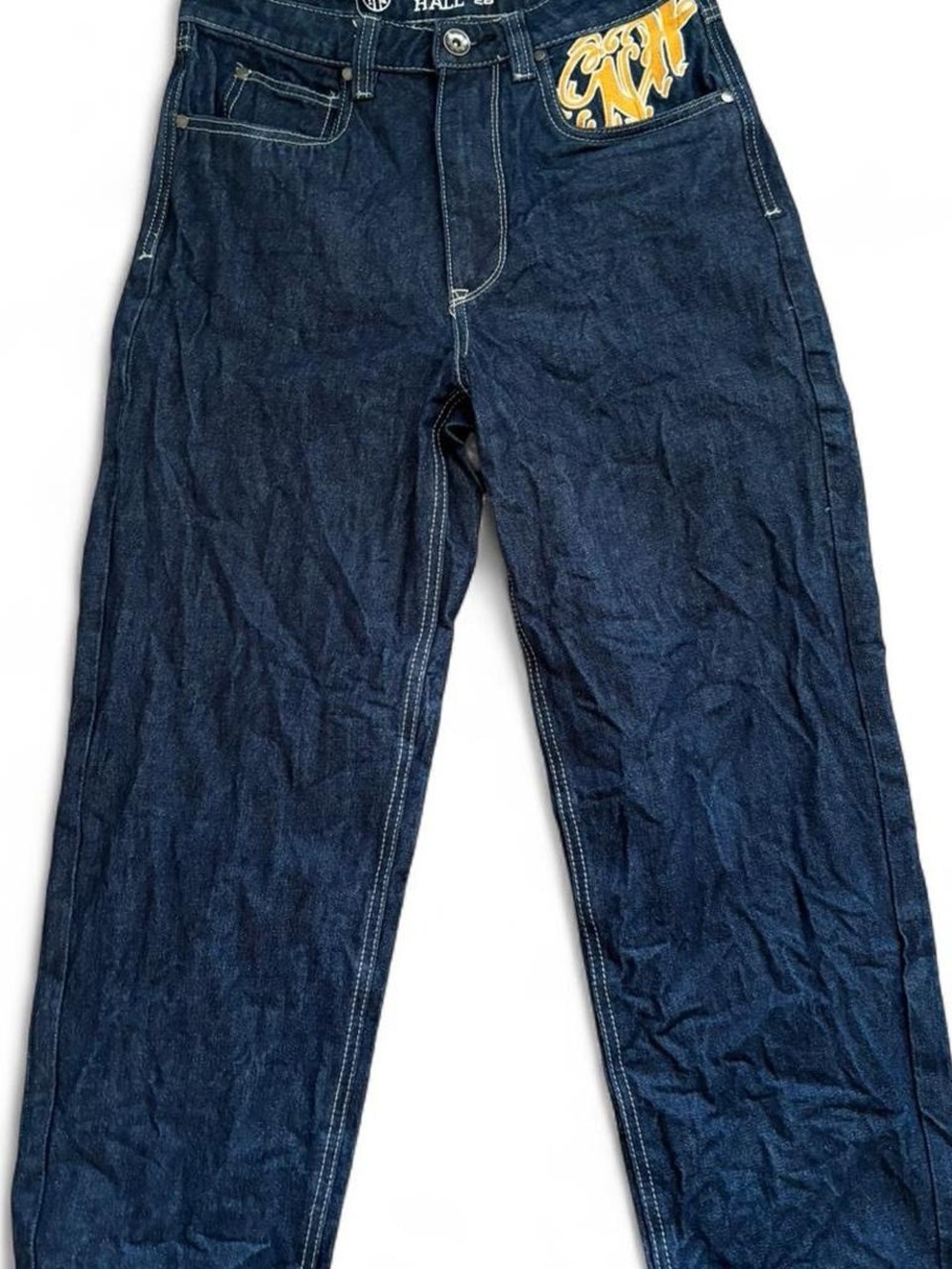 Dark Blue Straight Leg Jeans with Yellow Pocket Accent